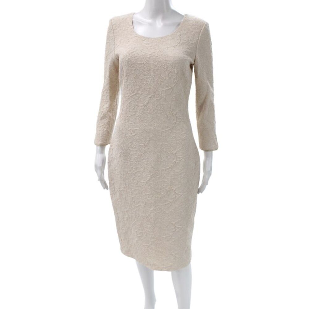 Badgley Mischka Women Sheath Midi Dress Beige Scoop Neck 3/4 Sleeve Size 4